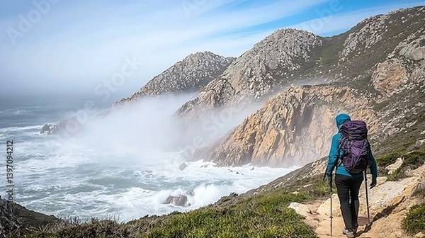 Obraz A determined traveler pauses at a steep cliff's edge with a serene ocean backdrop, mist rising from the crashing surf below