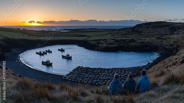Obraz A couple sitting on a beach watching the sun dip below the ocean, with small fishing boats anchored near the shore