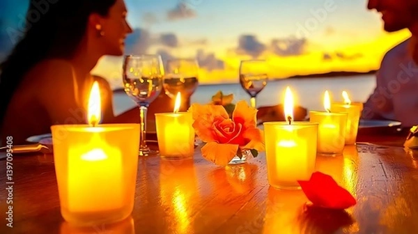 Obraz A couple sharing a romantic dinner on a terrace with flickering candles, the calm ocean in the distance, and the soft glow of the setting sun creating a magical atmosphere