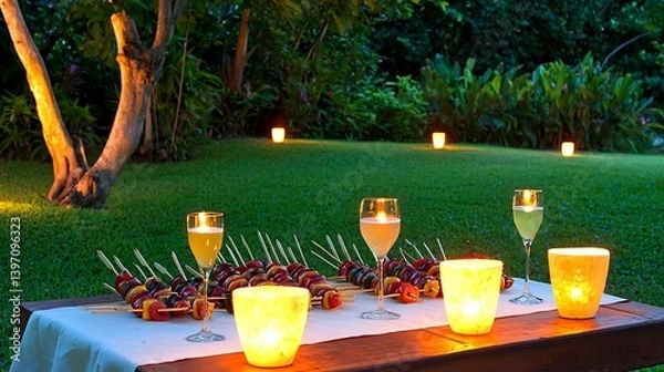 Obraz A backyard feast with a rustic wooden table, grilled skewers, cold drinks, and warm ambient lighting for a perfect summer evening