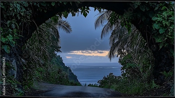 Obraz A coastal highway framed by lush palm trees, with a breathtaking sunset over the ocean in the distance, ideal for a summer road trip journey