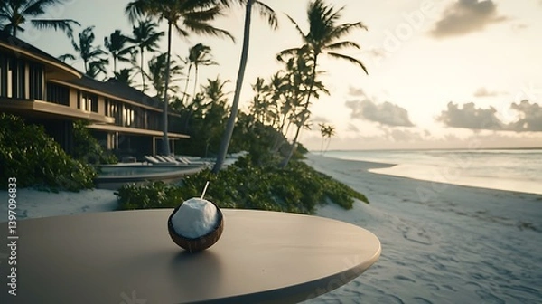 Obraz A chilled coconut with a straw resting on a seaside table, surrounded by soft white sand and palm trees swaying in the breeze