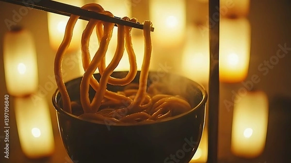 Obraz A close-up of a delicious bowl of noodles being prepared at a night market, with lanterns softly lighting up the background