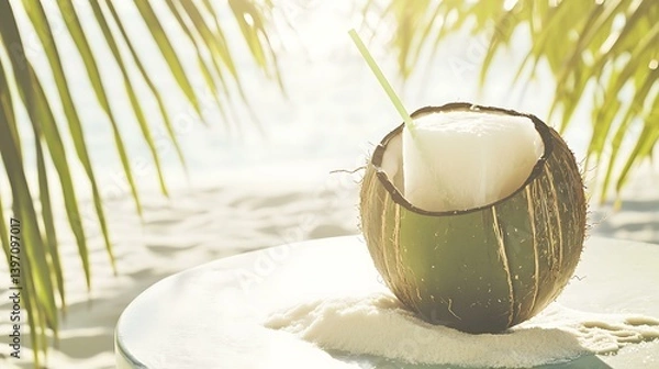 Obraz A chilled coconut with a straw resting on a seaside table, surrounded by soft white sand and palm trees swaying in the breeze