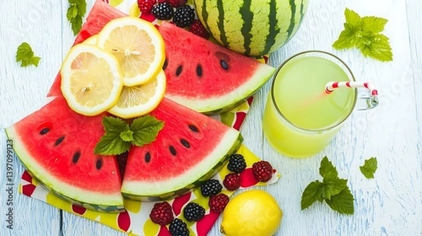 Obraz Overhead view of a perfect summer picnic spread with watermelon slices, fresh berries, and refreshing lemonade on a bright picnic cloth
