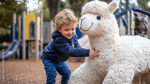 Fototapeta Toddler playing with a large stuffed alpaca at a playground.