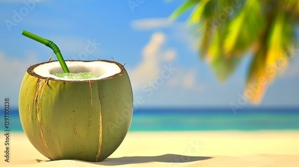 Obraz Close-up of a fresh coconut drink on a sandy beach, with palm trees and a turquoise ocean in the blurred background
