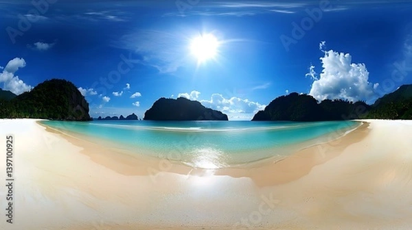 Obraz An aerial view of a tropical island with pristine white sandy beaches surrounded by crystal-clear turquoise water, under a bright sunny sky