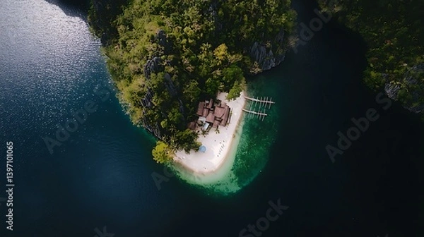 Obraz An aerial view of a small tropical island with a lagoon, white sandy shores, and crystal-clear turquoise water, perfect for a tropical getaway