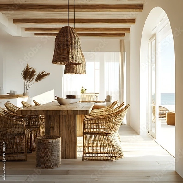 Obraz Beach house dining design with soft rattan and glass