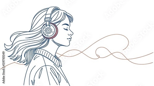 Fototapeta continuous single drawn one line. girl woman listens to music with headphones hand-drawn picture silhouette. Line art. doodle