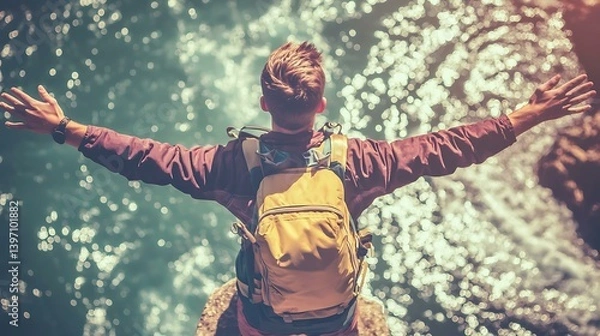 Obraz A young traveler in hiking gear standing at the edge of a sunlit cliff, arms stretched wide facing the sparkling ocean below
