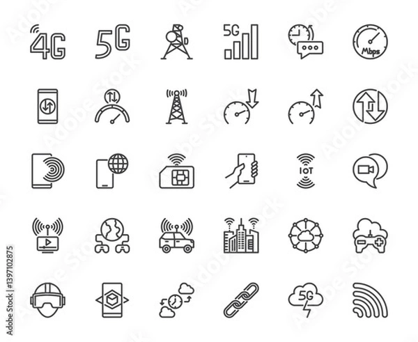 Fototapeta Vector 5G networking technology outline icon set. Features include a wireless signal symbol with '5G' text, ideal for mobile, internet, and modern communication-themed designs concept, editable stroke