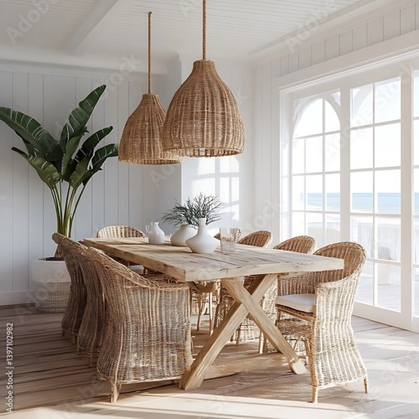 Obraz Elegant seaside dining table with woven pendant lighting
