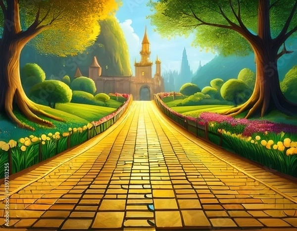 Fototapeta Enchanted yellow brick road leading to magical emerald city in springtime Fantasy Oz Mag