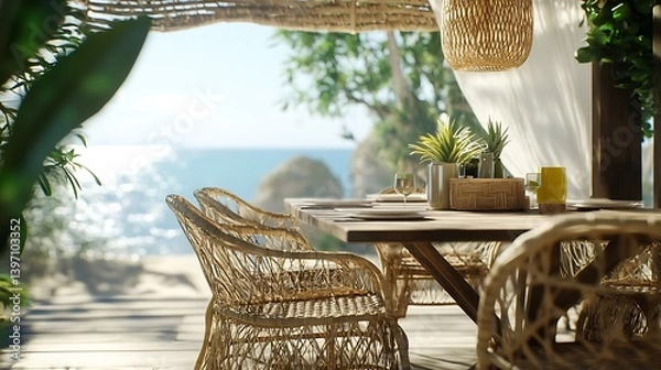 Obraz Modern boho dining room with oceanfront window light