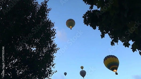 Obraz A bright and colorful hot air balloon festival with balloons soaring through a blue sky, creating a sense of excitement and celebration