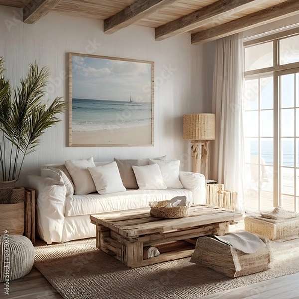 Obraz Natural toned modern living room with ocean backdrop