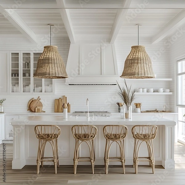 Obraz Open concept kitchen space with island and ocean view