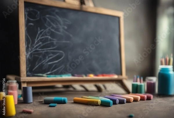 Fototapeta blank colored chalks blackboard full frame design element copy space dirty nobody textured education horizontal background drawing board eraser coloured empty chalk back to school wood