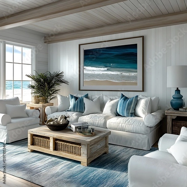 Obraz White and aqua beach house lounge with summer feeling