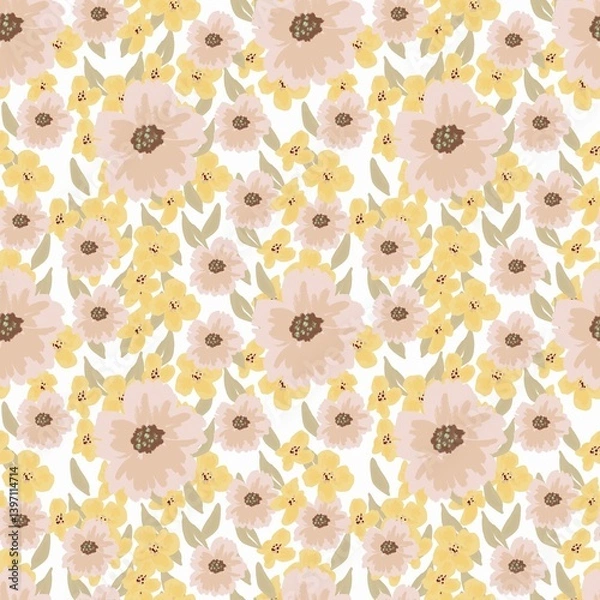 Obraz Floral seamless pattern with pink and yellow wild flowers and roses. Retro background with rustic bouquet. Hand drawn botanical illustration in pastel colors