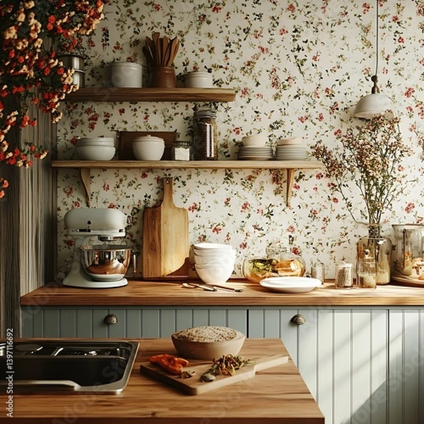 Obraz Inviting kitchen space with blooming wallpaper, pots and natural materials