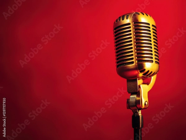 Fototapeta Classic microphone on stand with red background in music setting