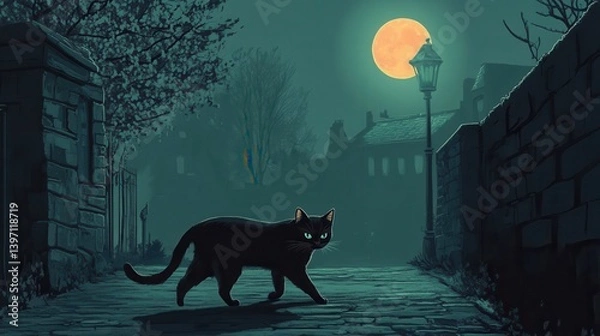 Fototapeta Design a hauntingly beautiful black cat walking along a moonlit vintage street, invoking a sense of nostalgia and mystery for Halloween illustration