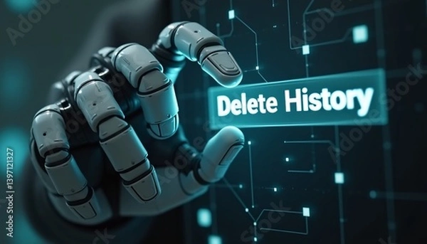 Fototapeta "A dystopian enforcement robot hand pressing a 'Delete History' button."