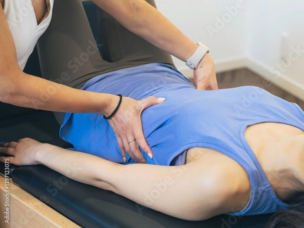 Fototapeta ピラティススタジオでインストラクターからマシンピラティスのレッスンを受ける女性