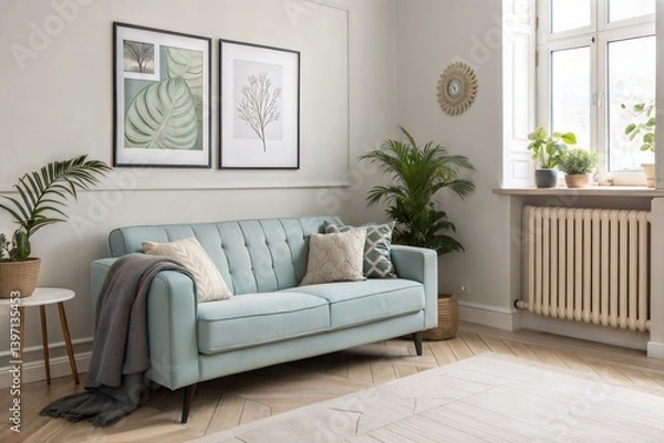 Fototapeta Elegant Living Room Interior Design Pale Green Sofa, Plants, Artwork