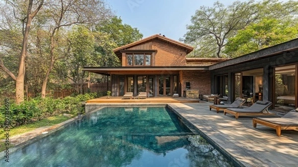Fototapeta Modern Rustic Home with Swimming Pool Surrounded by Lush Greenery and Trees in a Tranquil Outdoor Setting