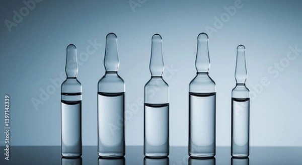 Fototapeta Row of clear glass ampoules with liquid medication against blue background. Medical injection vials with transparent solution. Pharmaceutical product and healthcare concept. Vaccine or drug manufactur