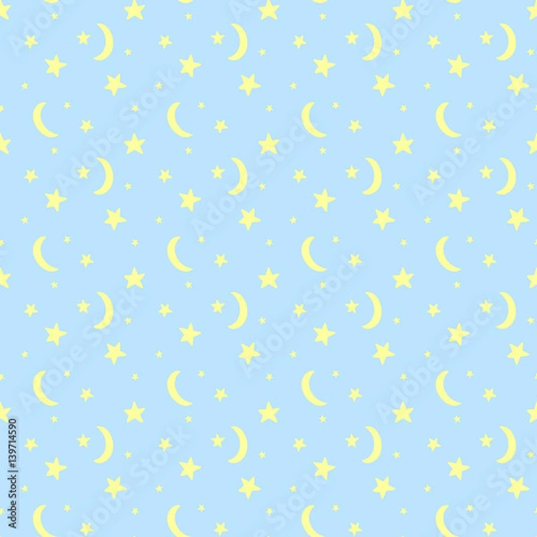 Fototapeta Seamless pattern with sky, stars, moon. Doodle background for baby shower, greeting card.