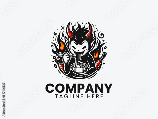 Fototapeta Spicy Devil Noodles Logo, Funny Devil Eating Spicy Food Logo, Devil Enjoying Spicy Noodles Chopsticks Spicy Food Vector Logo Design