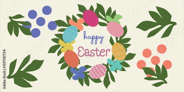 Obraz Adorable Easter illustration featuring colorful painted eggs surrounded by blooming spring flowers.