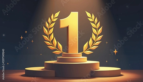 Fototapeta Golden number one with laurel branches on dark background, victory
