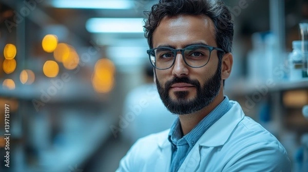 Fototapeta Focused scientist with glasses in a bright lab setting