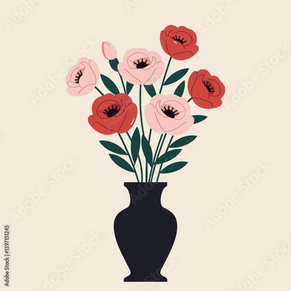 Fototapeta A beautiful arrangement of red and pink flowers in a black vase, showcasing a minimal style of vector art