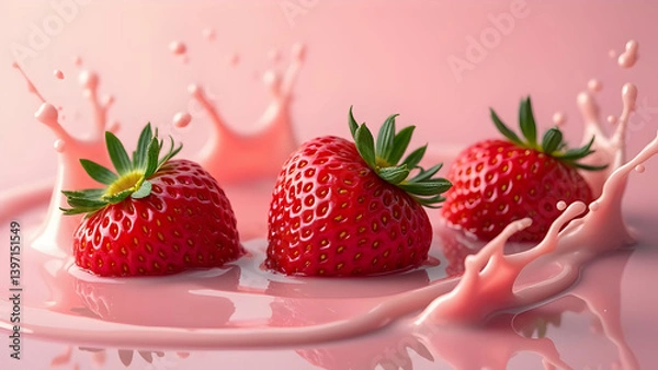 Obraz Three ripe strawberries land in a pool of pink milk, creating a vibrant splash.  The image showcases the freshness and deliciousness of the fruit and drink.