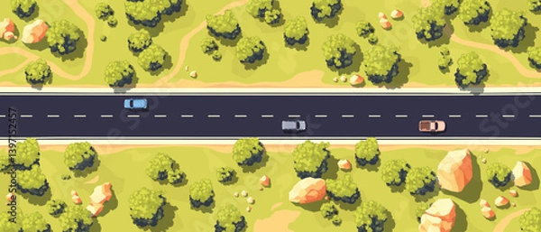 Fototapeta Top view of a road. View from above. Country highway. Wild nature landscape. Car on a straight road. Trees, rocks and walking paths on the sides of the road. Simple cartoon design. Vector illustration