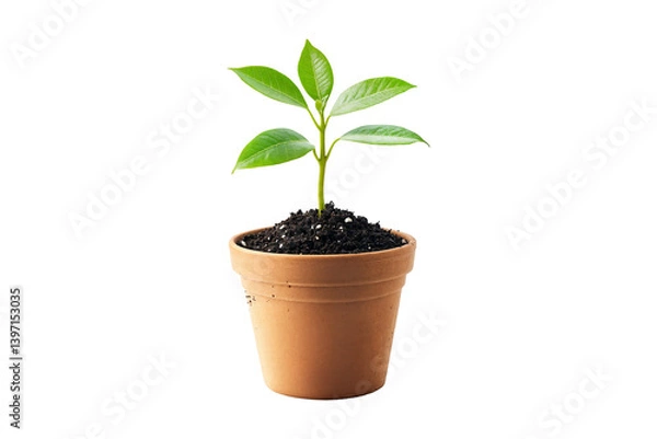 Fototapeta Young green plant growing in a terracotta pot with soil isolated on white background