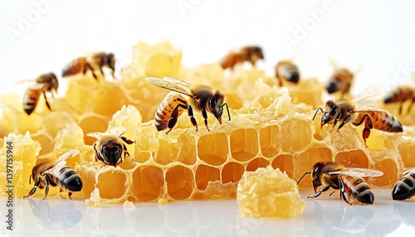 Fototapeta Intimate Portrait of Honeybees in Action Around Raw Honeycomb on White Background