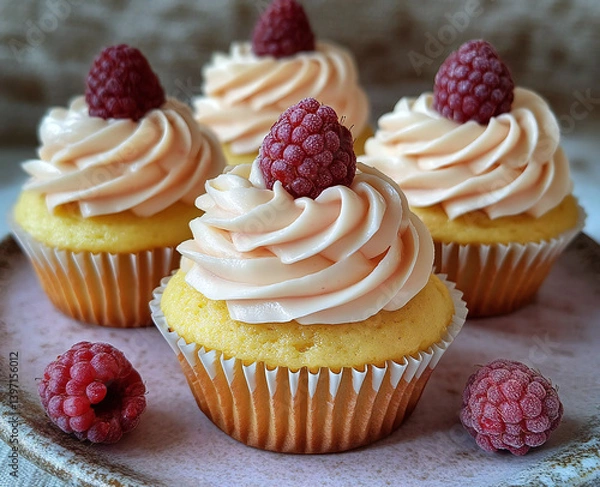 Obraz Luxurious Raspberry Cupcakes Featuring Moist Sweet Tart Filling, Raspberry Coulis, and Velvety Russian Buttercream Topped with Fresh Raspberries