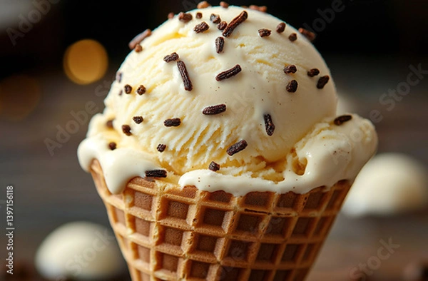 Obraz Decadent Vanilla Bean Ice Cream with Real Vanilla Specks in Artisanal Waffle Cone Conveying Warmth and Allure