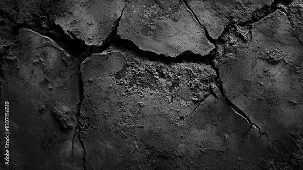 Fototapeta A close-up, high-contrast image showcases a cracked and textured surface, possibly concrete or asphalt. The deep cracks and rough texture create a sense of age, decay, and ruggedness.