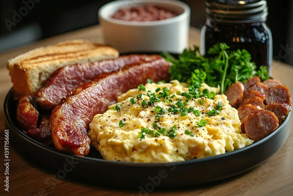 Obraz Intimate Moment in the Real Kitchen: Stunning Close-Up Capture of a Satisfying Protein Breakfast with Textured Eggs, Scrambled Feta Cheese, Crispy Bacon, and Fresh Herbs