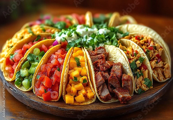Obraz Vibrant Taco Platter Featuring Colorful Shells, Seasoned Meats, Cheeses, Veggies, and Fresh Garnishes for Festive Food Photography