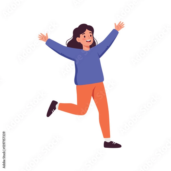 Fototapeta Happy young woman in casual clothing joyfully running with outstretched arms in a flat vector illustration